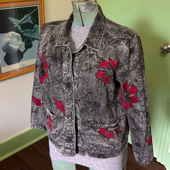 French Laundry Grey Acid Wash Denim Jacket with Embroidery and Patchwork Flowers - Picture 2 of 10